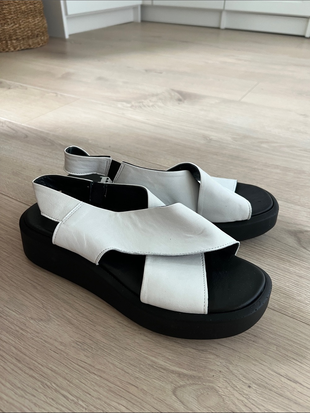 Women’s White Leather Platform Slingback Sandals with Black Sole